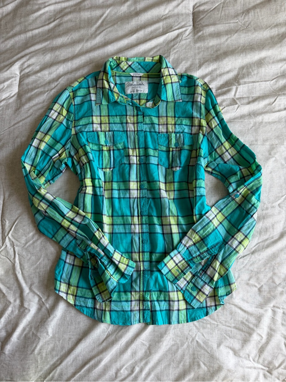 Aeropostale Teal Green Plaid Button Up Collared Shirt (L)